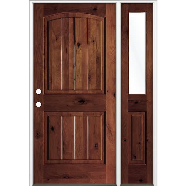 56 in. x 80 in Knotty Alder Arch Top Right-Hand/Inswing Clear Glass BEHR Red Mahogany Stain Wood Prehung Front Door RHSL