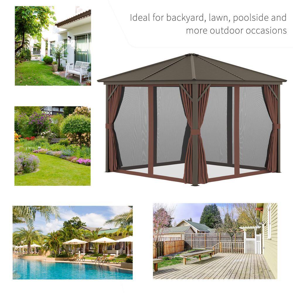 Outsunny 10x10 Dark Brown Aluminum and Steel Hardtop Gazebo with Curtains