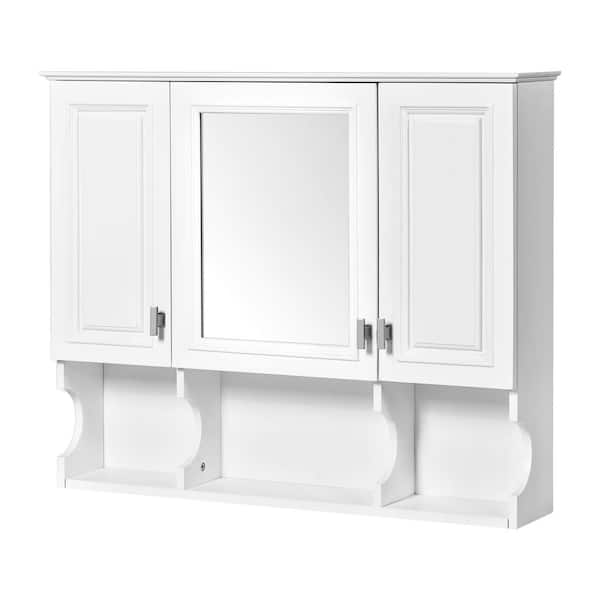 MS 35 in. W x 28.7 in. H Rectangular MDF Medicine Cabinet with Mirror, White, With 3 Open Shelves