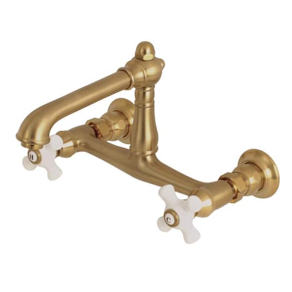 Kingston Brass English Country 2-Handle Wall Mount Bathroom Faucet in Brushed Brass
