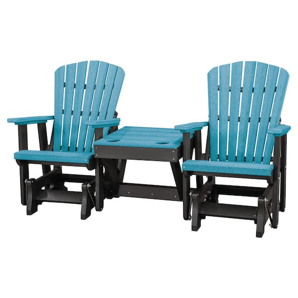 American Furniture Classics All Poly 76 in. 2-Person Black Poly Fan Outdoor Back Glider with Table in Aruba Blue