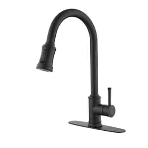 Single Handle Gooseneck Pull Down Sprayer Kitchen Faucet in Matte Black with Deckplate Included 3-Spray Modes