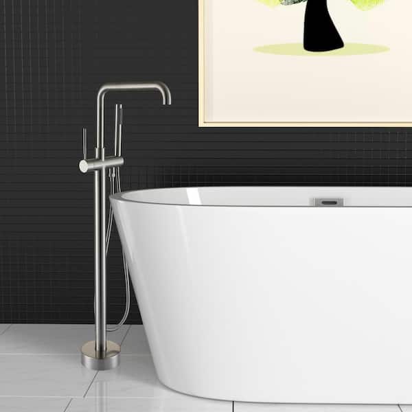 Single-Handle Floor Mounted Freestanding Tub Faucet with Hand Shower in Brushed Nickel