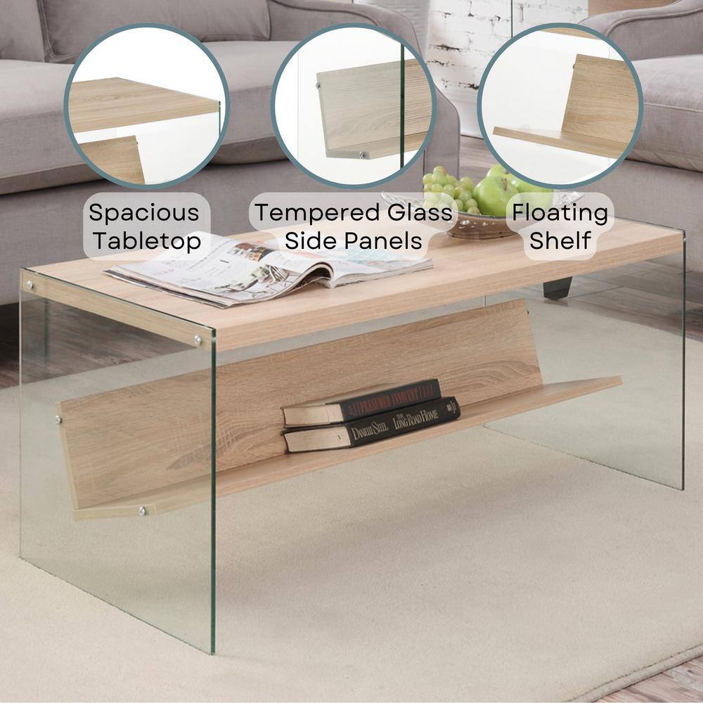 Weathered White and Glass Rectangular Coffee Table with Shelf