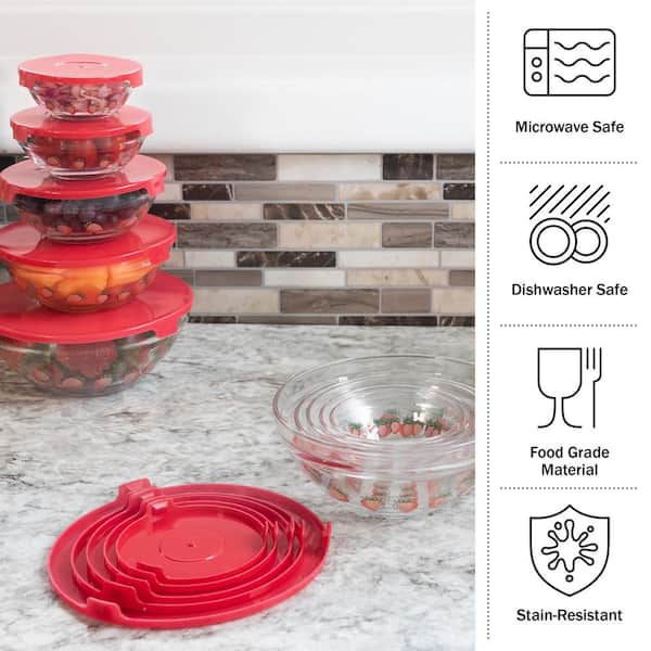 Chef Buddy 20-Piece Strawberry Design Glass Bowls with Lids Set