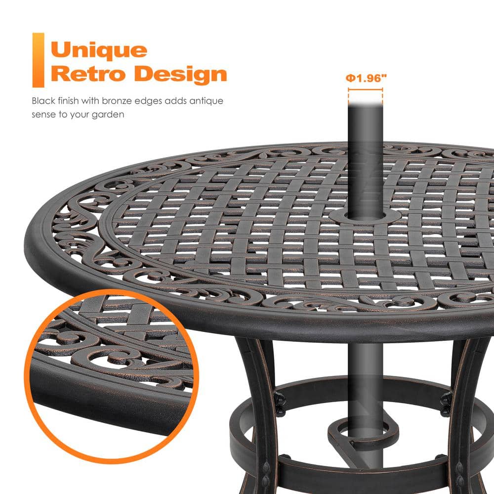 Bronze Round Cast Aluminum Patio Bistro Table with Umbrella Hole