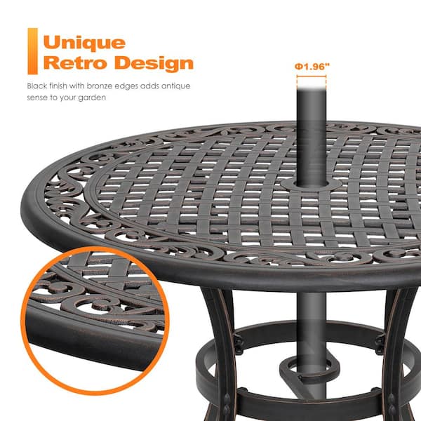 35 in. Outdoor Round Patio Aluminum Bistro Table with Umbrella Hole in Antique Bronze