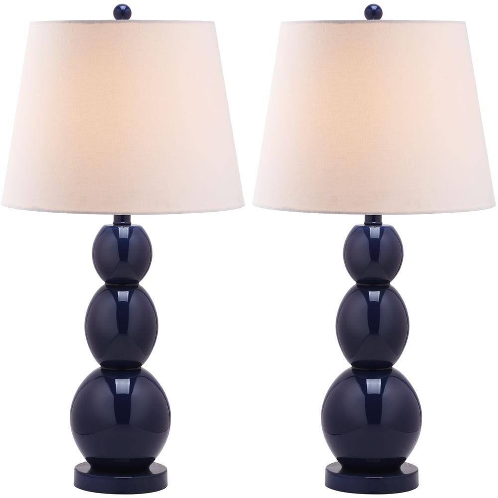 Elegant Navy Glass Table Lamp Set with Graduated Orbs and Off-White Shade