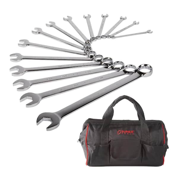 SUNEX TOOLS 14-Piece V-Groove SAE Full Polished Combination Wrench Set with Bag