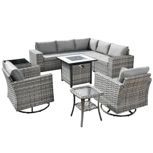 Crater Grey 10-Piece Wicker Outdoor Patio Fire Pit Conversation Sofa Set with Swivel Chairs and Dark Grey Cushions