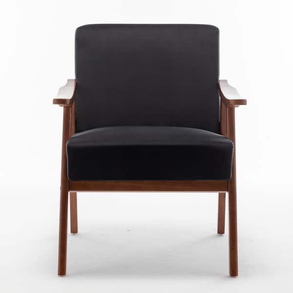 Unbranded Brown Wood Outdoor Lounge Chair with Black Seat Cushions, Accent Chair Extra-Thick Backrest for Bedroom, Living Room
