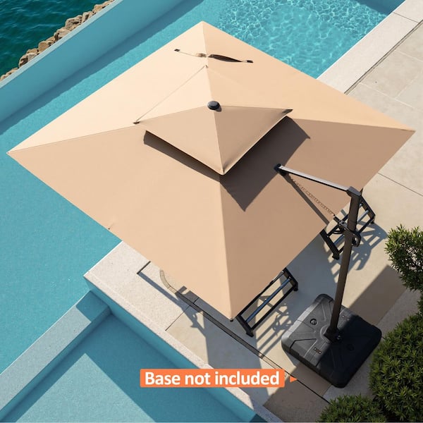 10 ft. Square 2-Tier Top 360° Rotation Aluminum Cantilever Tilt Outdoor Patio Umbrella in Tan with No Base