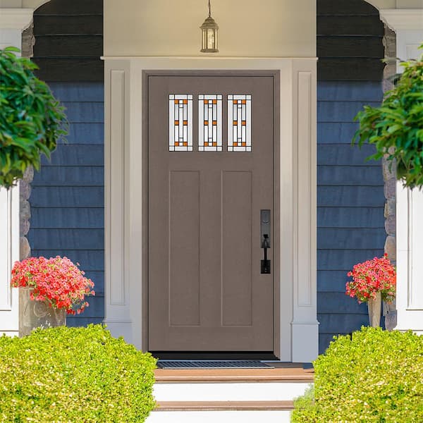 Regency 36 in. x 80 in. 3-Lite Amberton Decorative Glass LHIS Ashwood Stain Fir Grain Fiberglass Prehung Front Door