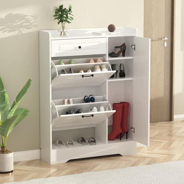 Hitow Large Shoe Cabinet with Wheels Wooden 2 Door Tall Shoe Storage Rack 7  Adjustable Shelves Cabinet for Office,Home,Garage White