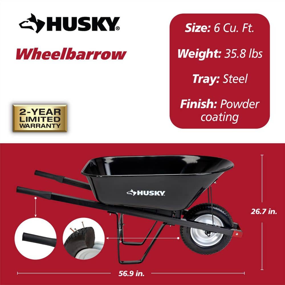 Husky 6 cu. ft. Steel Wheelbarrow with 8 in. Flat-Free Tires HWB3016