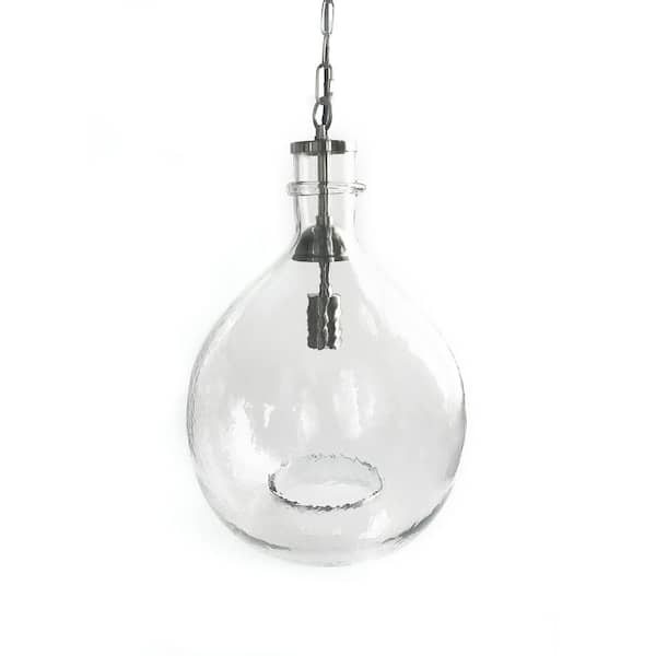 Casamotion 21 in. H and 13 in. W 1-Light Silver Wavy Hammered Hand Blown Glass Pendant with Clear Glass Shade