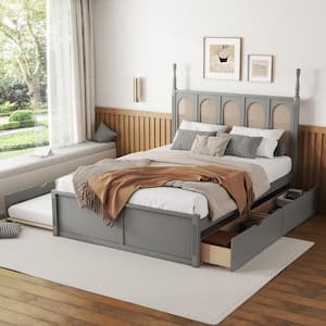 Gray Wood Frame Queen Size Rattan Headboard Platform Bed with 2 Drawers and Trundle