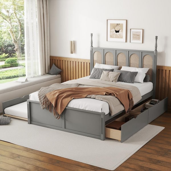 Harper & Bright Designs Gray Wood Frame Queen Size Rattan Headboard Platform Bed with 2 Drawers and Trundle