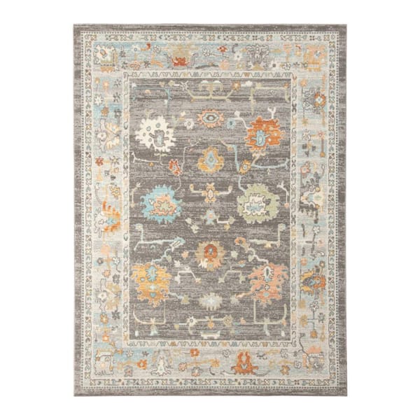 Gray, Orange 5 ft. x 7 ft. Loomed Floral Polypropylene Rectangle Indoor/Outdoor Area Rug