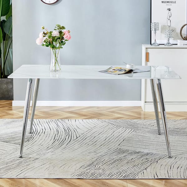 Polibi Modern Rectangle White Faux Marble 4-Legs Dining Table Seats for 6 (63.00 in. L x 30.00 in. H)