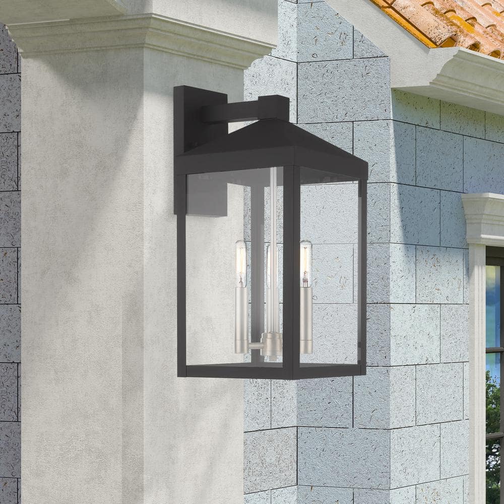 Elegant Black Lantern Outdoor Wall Light with Clear Glass Panels