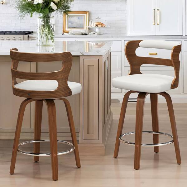 26 in. White Faux Leather and Walnut Wood Mid-Century Modern Swivel Counter Height Bar Stool (Set of 2)