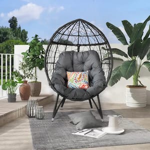 Charcoal Grey Wicker Outdoor Metal Patio Swing Egg Chair with Grey Cushion for Backyard Poolside