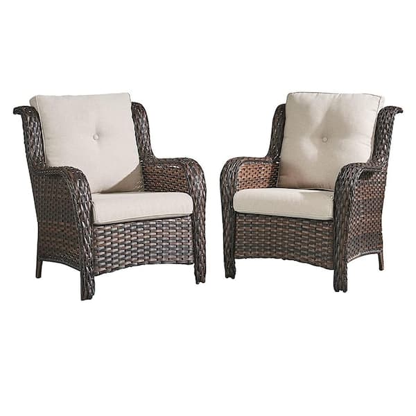 Pocassy Brown Wicker Outdoor Patio Lounge Chair with CushionGuard Beige Cushions (2-Pack)