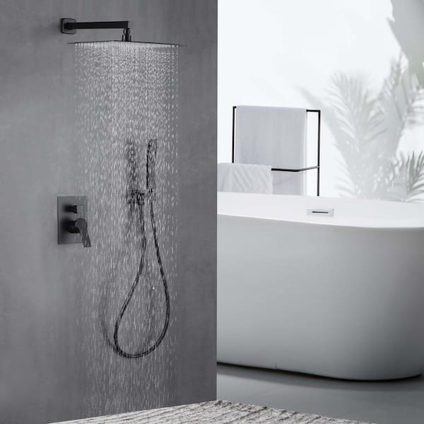 Shower System with 12 in. Dual Rain Shower Head and Handheld Shower Head Shower Faucet Set in Matte Black