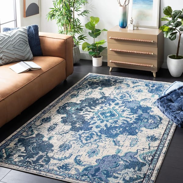 Madison Ivory/Blue 9 ft. x 12 ft. Border Floral Oriental Area Rug