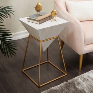 14 in. White Inverted Pyramid Geometric Large Triangle Wood End Table with Gold Metal Stand