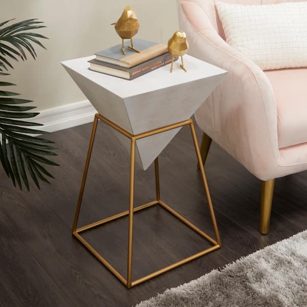 Litton Lane 14 in. White Inverted Pyramid Geometric Large Triangle Wood End Table with Gold Metal Stand