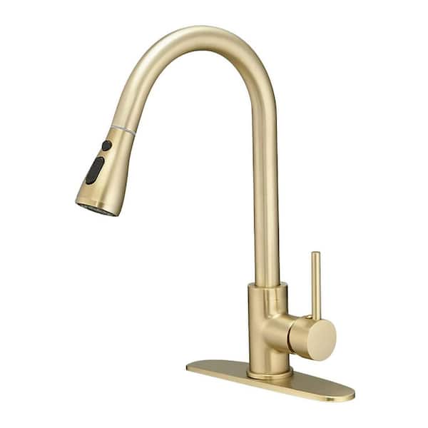 15.35 in. Single Handle Pull Out Sprayer Kitchen Faucet Commercial Kitchen Sink Faucets for RV, Laundry in Brushed Gold