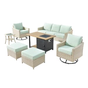Oconee 7-Piece Wicker Patio Conversation Sofa Set with Swivel Rocking Chairs, a Fire Pit and Light Green Cushions