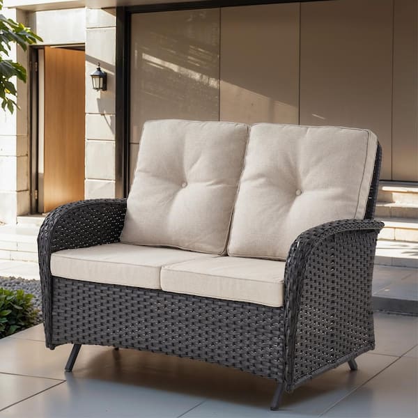 PlainCurve 49.6 in. Width 2-Person Metal and Black Wicker Patio Outdoor Glider Loveseat with Olefin Beige Cushion
