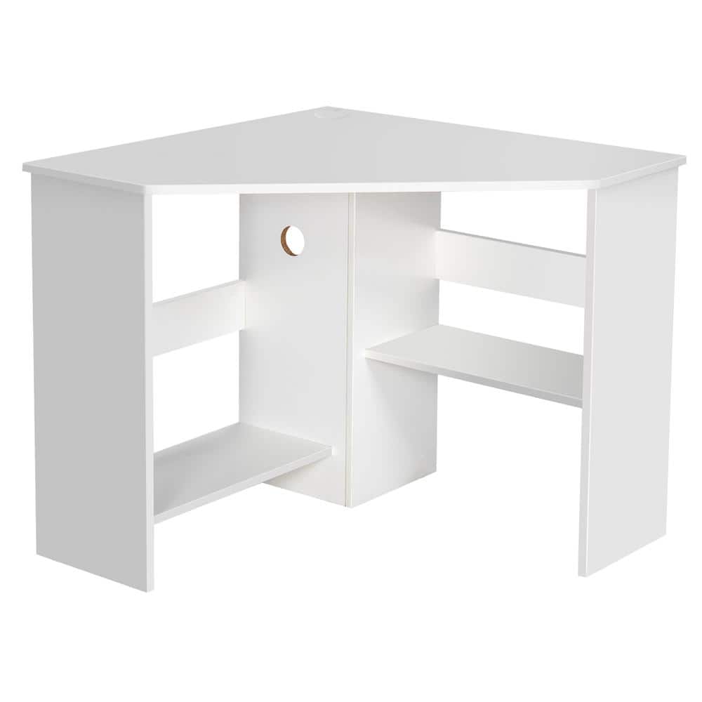 White Wood Corner Computer Desk with Storage Shelves
