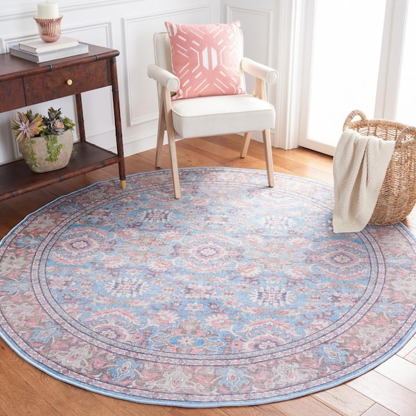 Serapi Rust/Blue 7 ft. x 7 ft. Machine Washable Geometric Abstract Round Area Rug