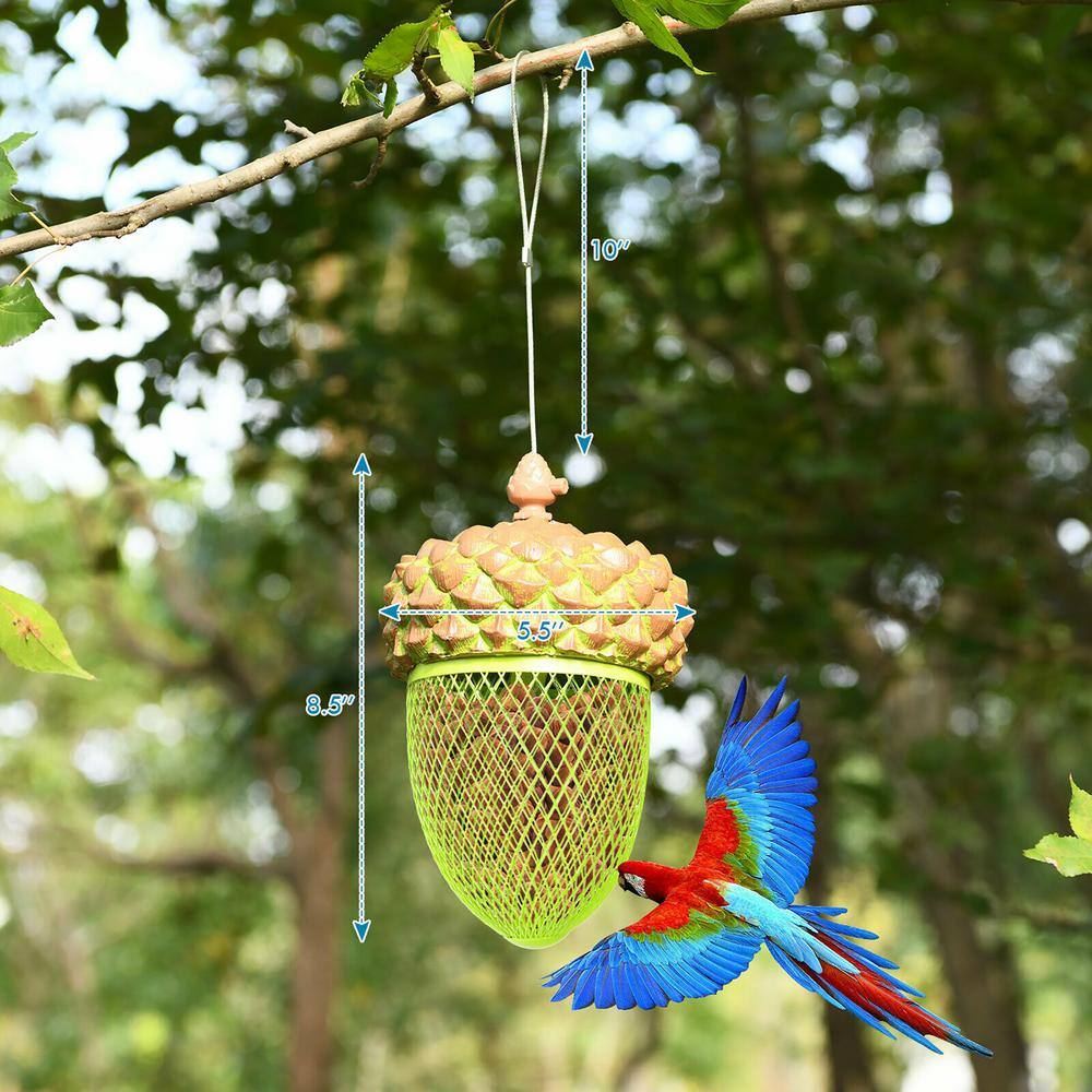 Brown and Green Resin Iron Mesh Hanging Acorn Bird Feeder
