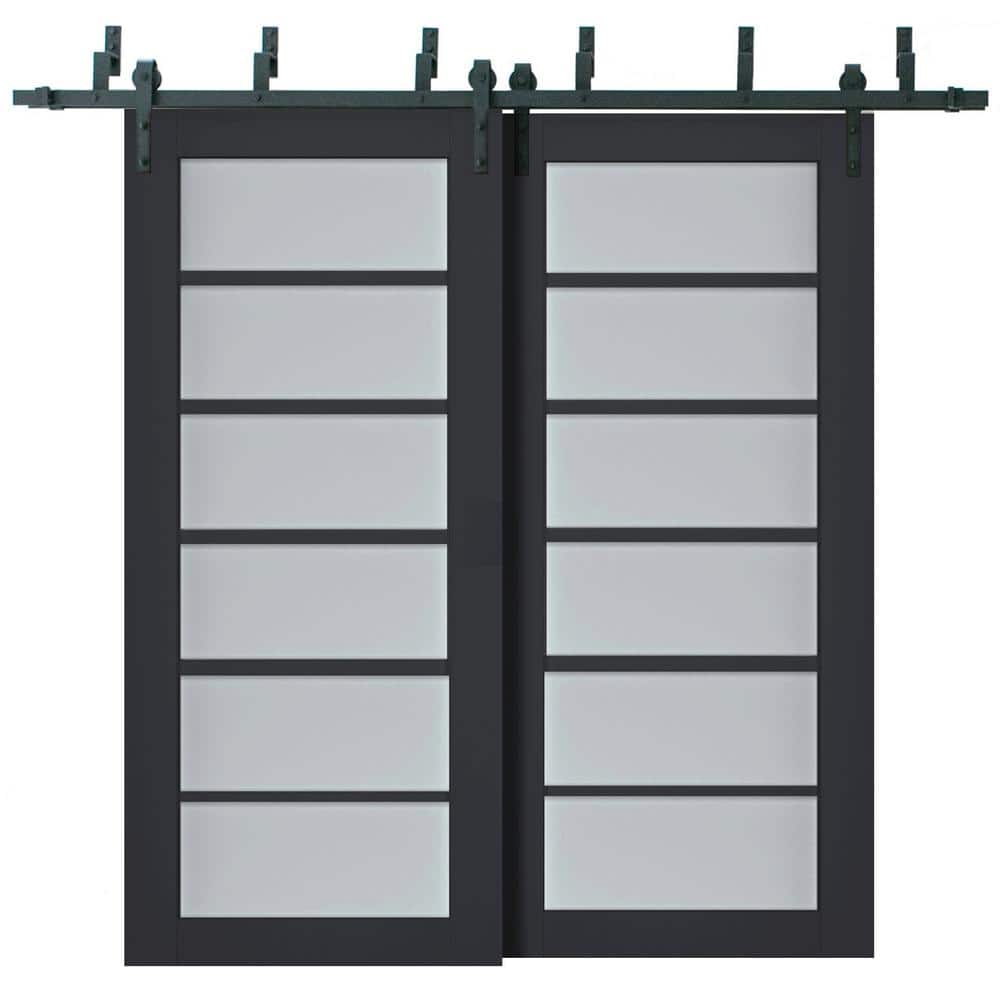 36 in. x 80 in. 2 Panel Frosted Glass Antracite Solid Wood Sliding Barn Door with Hardware Kit price history on PriceWatchPro