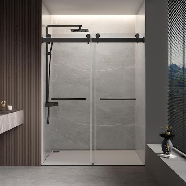 60" W x 76" H Double Sliding Frameless Shower Door/Enclosure in Matte Black with Premium 3/8 in. Thick Clear Glass