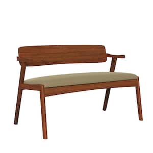 Richman 30 in. H Cherry Mid Century Modern Wood Dining Bench with Back/Arms and Upholstered Seat in Tan Fabric