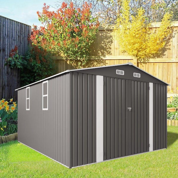 Sudzendf 10 ft. W x 12 ft. D Grey Metal Storage Shed with Double