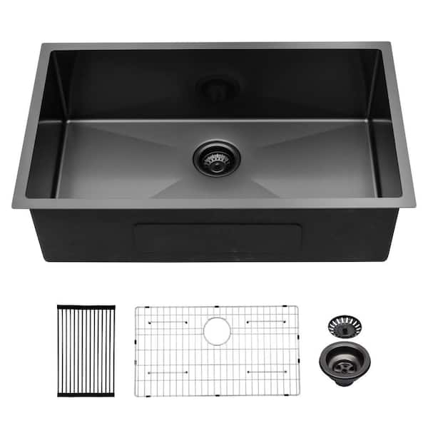 32 in. Undermount Single Bowl 16-Gauge Gunmetal Black Stainless Steel Kitchen Sink with Bottom Grids