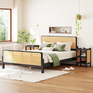 Rustic Style Espresso (Brown) Wood Frame Full Size Platform Bed with 2 Nightstands, Rattan Headboard and Footboard