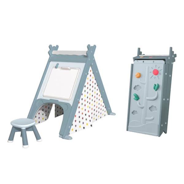 Unbranded Blue Kids Play Foldable Freestanding Tent - 4 In 1 Teepee Tent with Stool and Climber