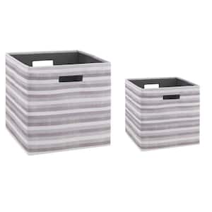 Gray and White Cardboard and Fabric Cube Storage Bin with Cutout Handle(Set of 2)