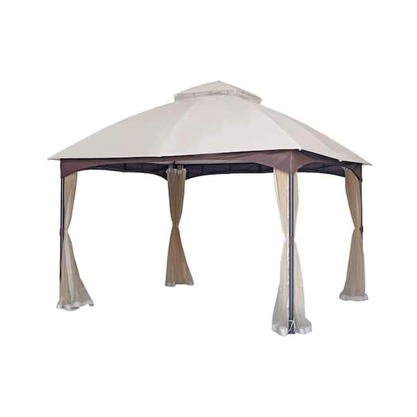 10 ft. x 12 ft. Beige Soft top Heavy Duty Double Roof Gazebo Canopy with Mosquito Net and Sunshade Curtains