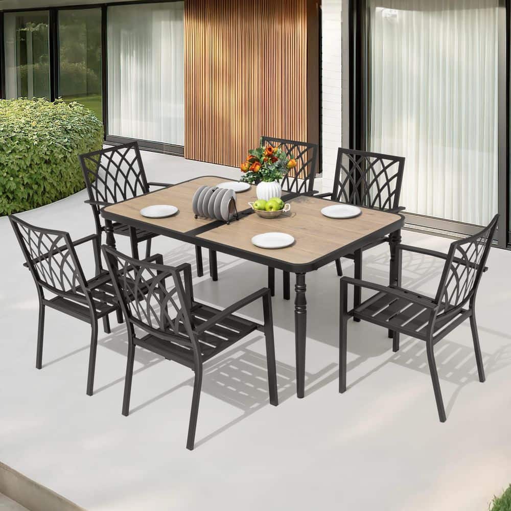 Black 7-Piece Metal Rectangular Outdoor Dining Set with Umbrella Hole, Stackable Design price history on PriceWatchPro