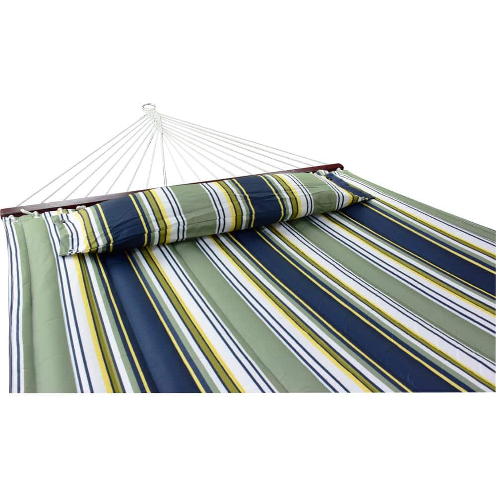 Blue and Green Striped Cotton Hammock with Stand and Pillow