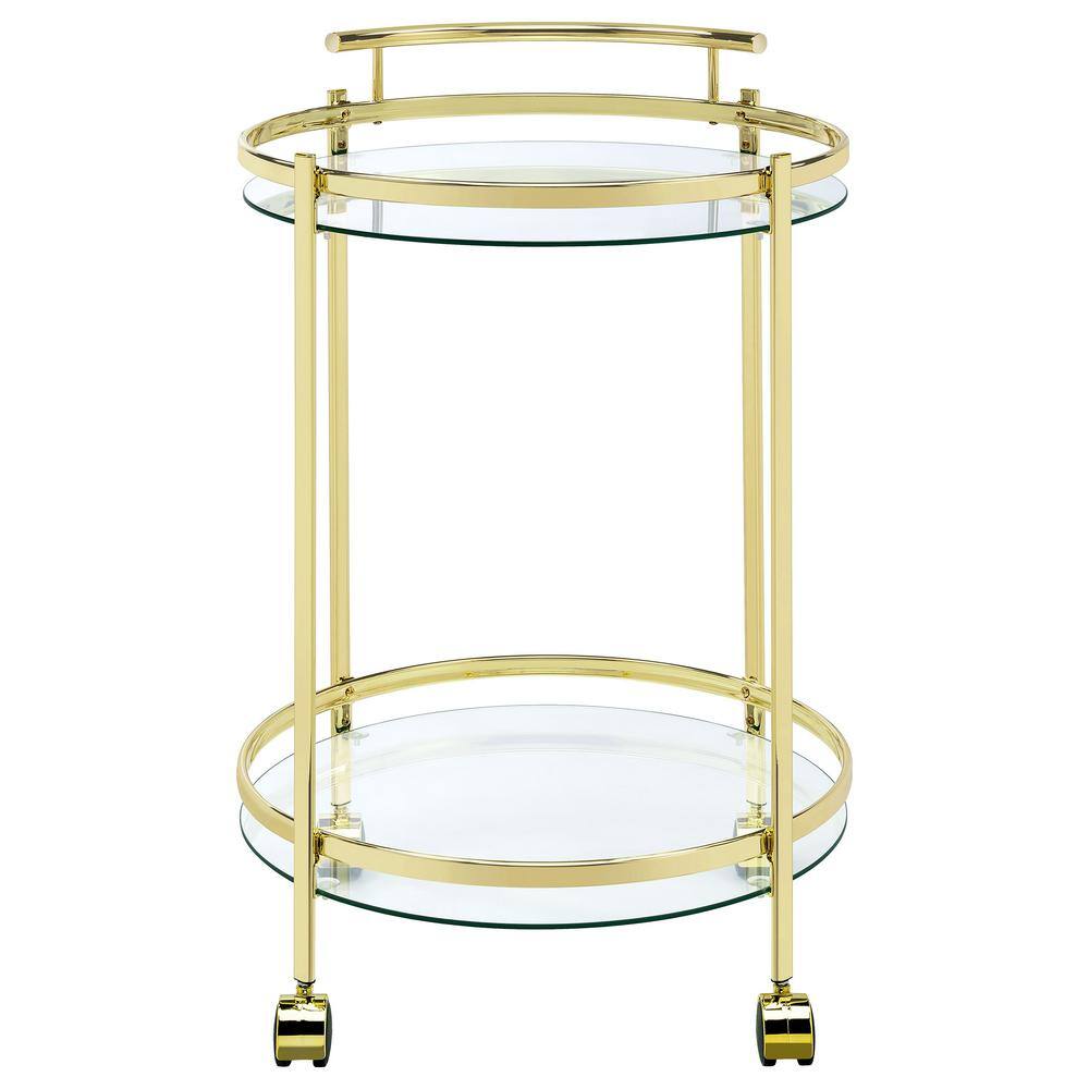 Luxe Modern 31" Gold Metal and Glass Round Bar Cart with Lockable Casters